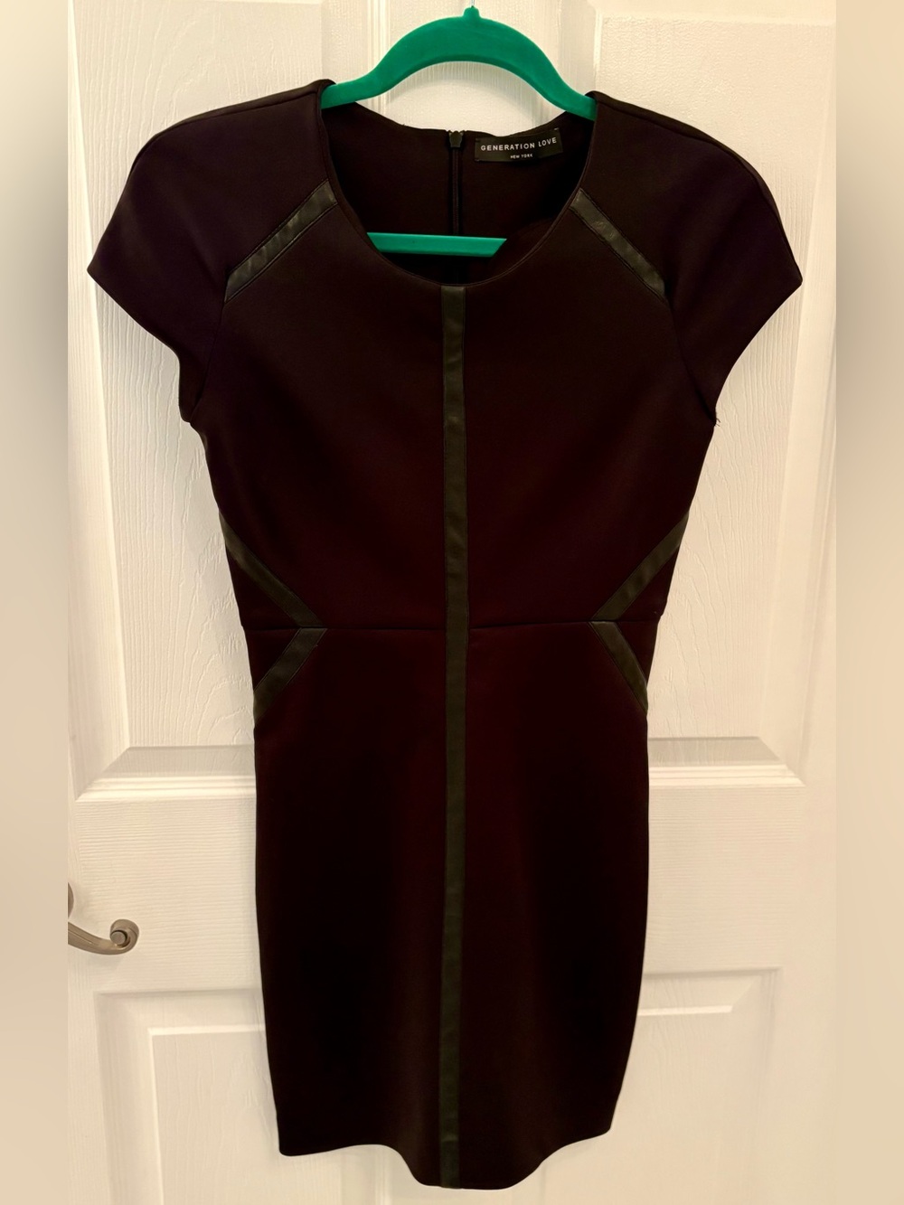 Generation Love NYC Black Cap-Sleeve Sheath Mini-Dress with Leather Trim